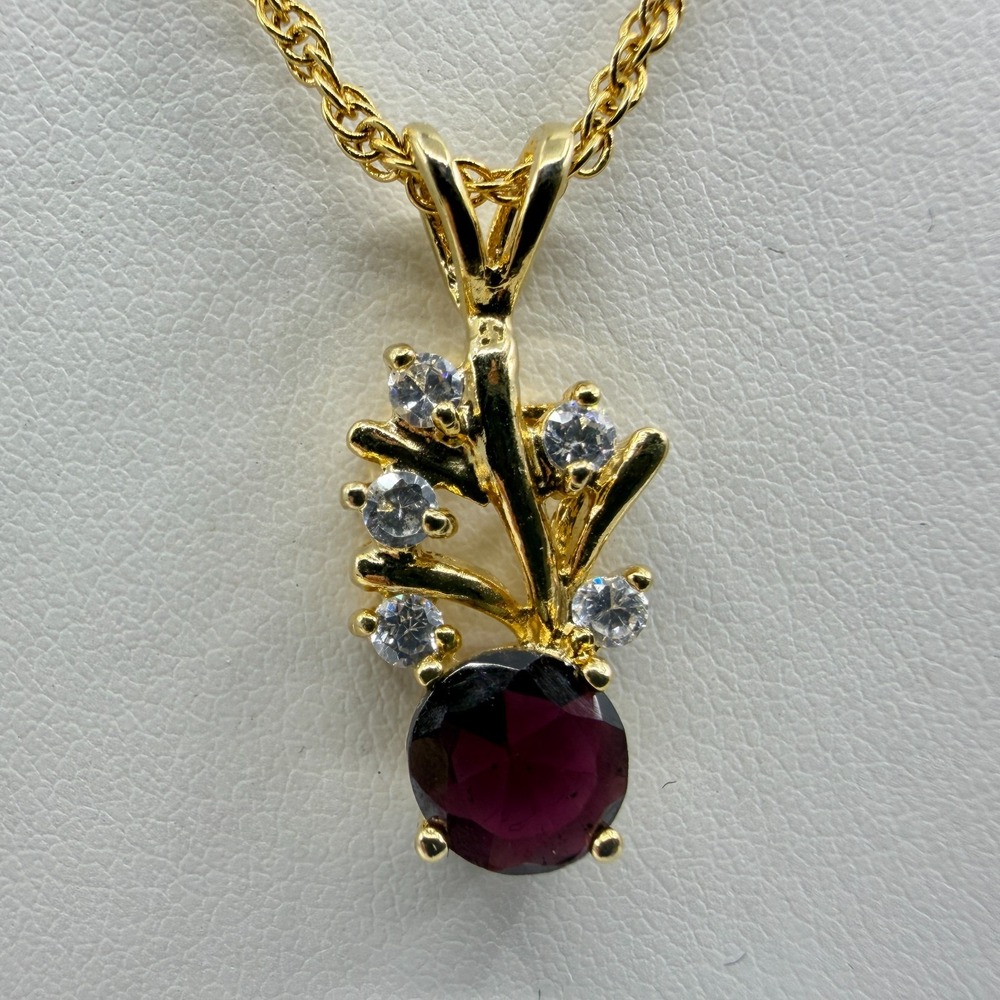Gold Tone Dark Red Stone Pendant Necklace Celestial Style Statement Gift Item